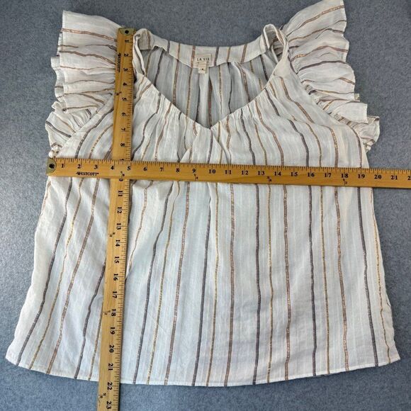 La Vie Rebecca‎ Taylor Size XS Striped Ruffle Sleeve Blouse CottonMetallic Blend - Picture 7 of 9